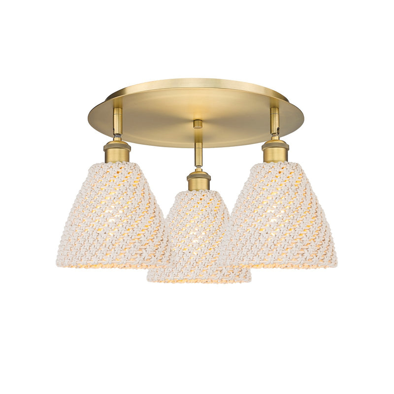 Innovations Bristol Natural 19in 3-Light Semi-Flush | Farmhouse Brushed Brass and Natural Fiber Dome Shade | Kitchen | Model 516-3C-BB-NBD-75-NAT