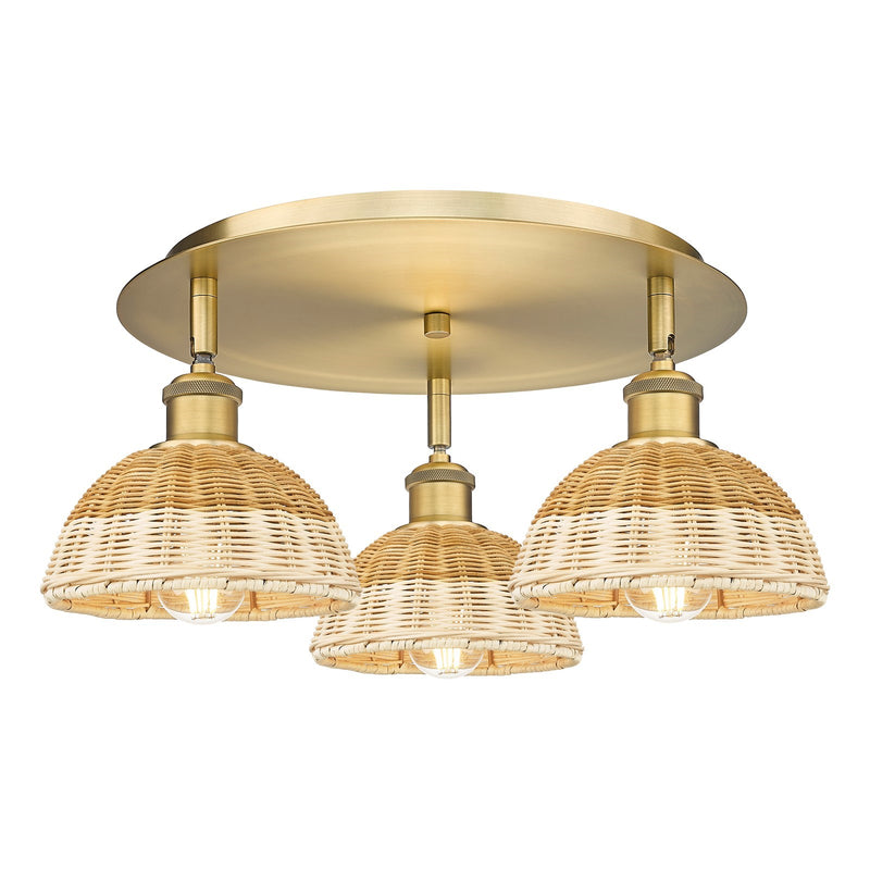 Innovations Bristol Natural II 19in 3-Light Semi-Flush | Industrial Brushed Brass and Natural Fiber Dome Shade | Model 516-3C-BB-NBD2-75-NAT