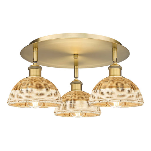 Innovations Bristol Natural II 19in 3-Light Semi-Flush | Industrial Brushed Brass and Natural Fiber Dome Shade | Model 516-3C-BB-NBD2-75-NAT