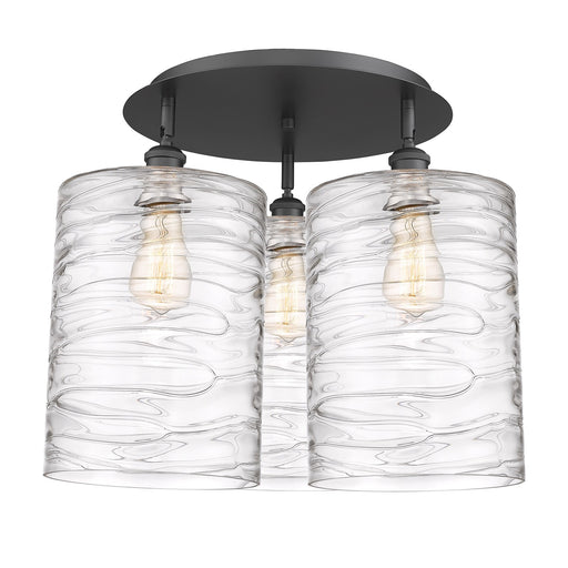 Innovations Cobbleskill 21in 3-Light Semi-Flush | Industrial Matte Black and Deco Swirl Glass Drum Shade | Kitchen & Dining | Model 516-3C-BK-G1113-L
