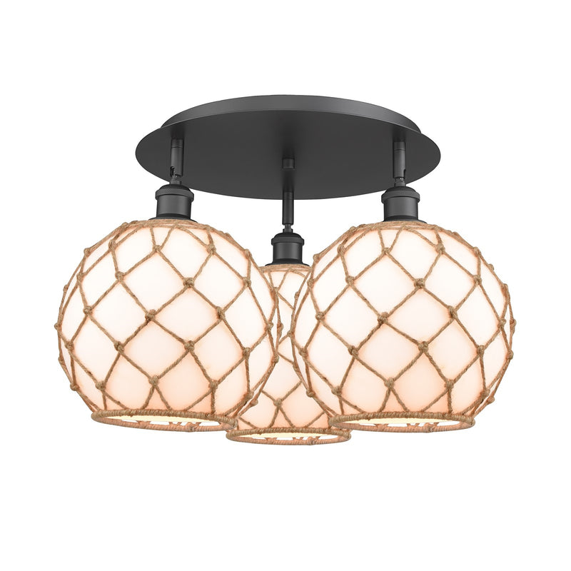Innovations Farmhouse Rope 22in 3-Light Semi-Flush | Industrial Matte Black and Matte White Glass with Brown Rope | Model 516-3C-BK-G121-10RB