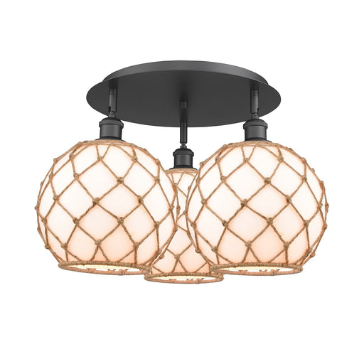 Innovations Farmhouse Rope 22in 3-Light Semi-Flush | Industrial Matte Black and Matte White Glass with Brown Rope | Model 516-3C-BK-G121-10RB