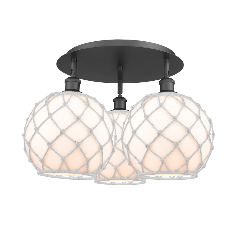 Innovations Farmhouse Rope 22in 3-Light Semi-Flush | Industrial Matte Black and White Glass Rope | Kitchen & Hallway | Model 516-3C-BK-G121-10RW