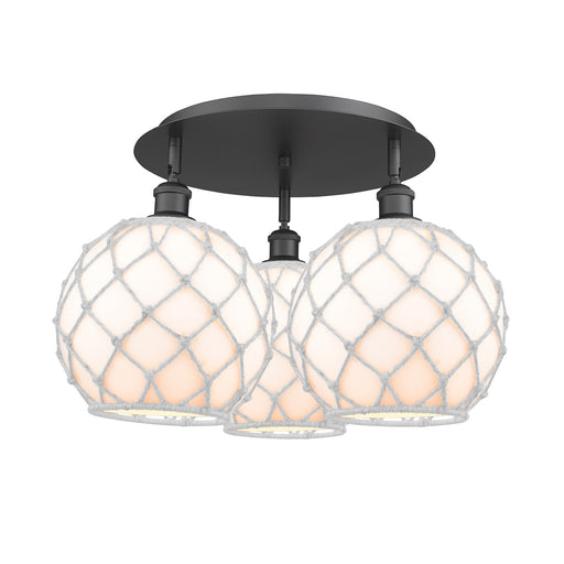 Innovations Farmhouse Rope 22in 3-Light Semi-Flush | Industrial Matte Black and White Glass Rope | Kitchen & Hallway | Model 516-3C-BK-G121-10RW