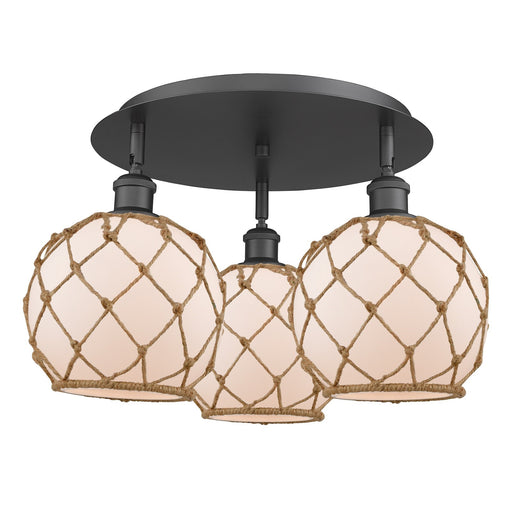 Innovations Farmhouse Rope 20in 3-Light Semi-Flush | Industrial Matte Black and White Glass Brown Rope | Kitchen & Hallway | Model 516-3C-BK-G121-8RB