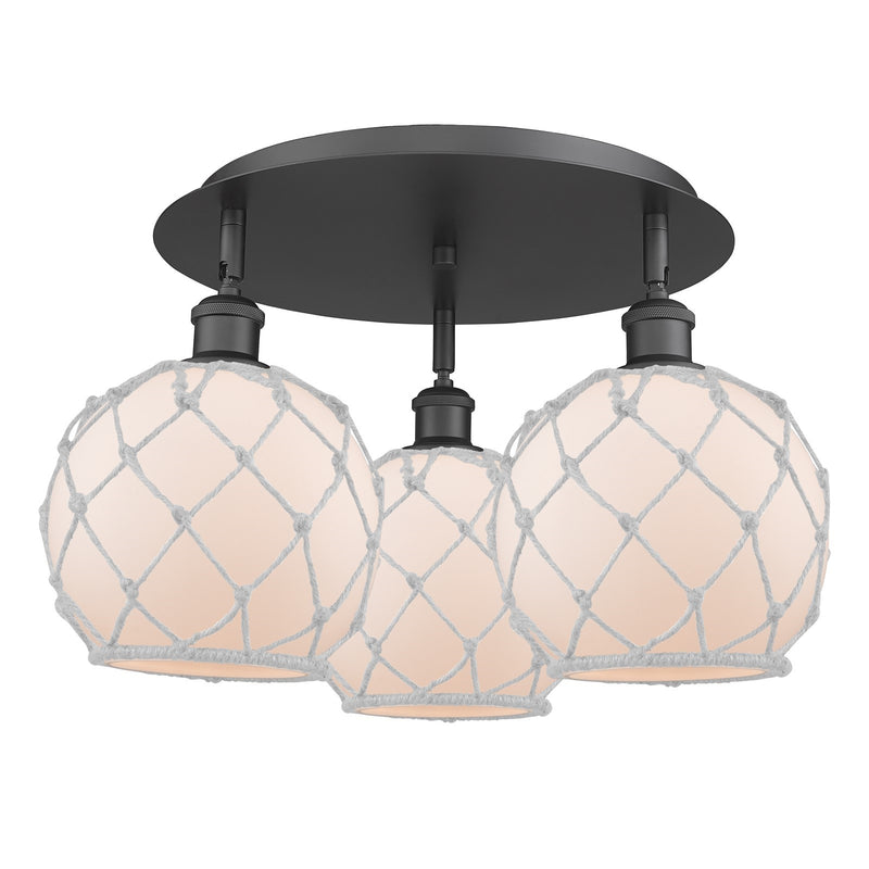 Innovations Farmhouse Rope 20in 3-Light Semi-Flush | Industrial Matte Black and White Glass White Rope | Kitchen & Hallway | Model 516-3C-BK-G121-8RW