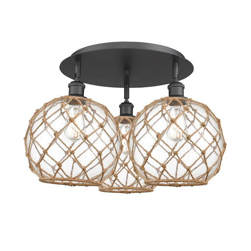 Innovations Farmhouse Rope 22in 3-Light Semi-Flush | Industrial Matte Black and Clear Glass | Kitchen & Hallway | Model 516-3C-BK-G122-10RB