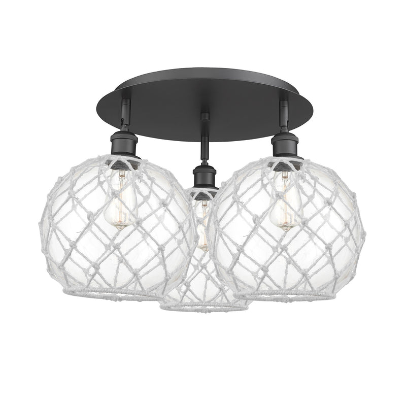 Innovations Farmhouse Rope 22in 3-Light Semi-Flush | Industrial Matte Black and Clear Glass White Rope | Kitchen | Model 516-3C-BK-G122-10RW