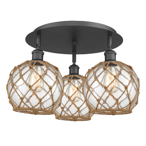 Innovations Farmhouse Rope 20in 3-Light Semi-Flush | Industrial Matte Black and Clear Glass Brown Rope | Kitchen & Hallway | Model 516-3C-BK-G122-8RB