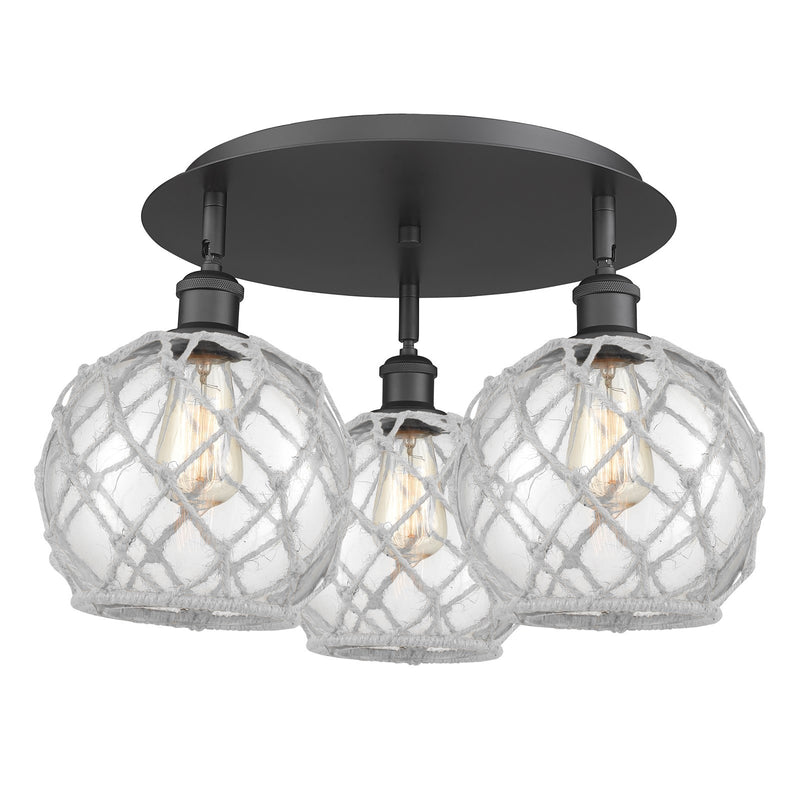 Innovations Farmhouse Rope 20in 3-Light Semi-Flush | Industrial Matte Black and Clear Glass White Rope | Kitchen & Hallway | Model 516-3C-BK-G122-8RW