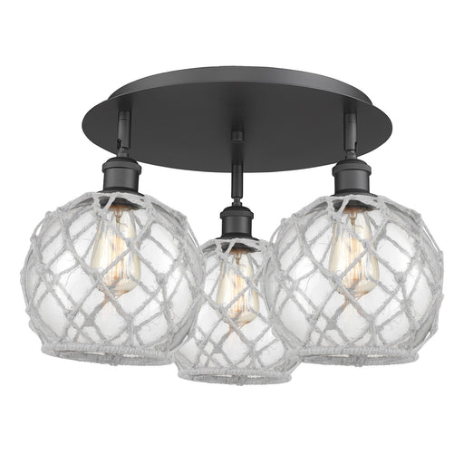Innovations Farmhouse Rope 20in 3-Light Semi-Flush | Industrial Matte Black and Clear Glass White Rope | Kitchen & Hallway | Model 516-3C-BK-G122-8RW