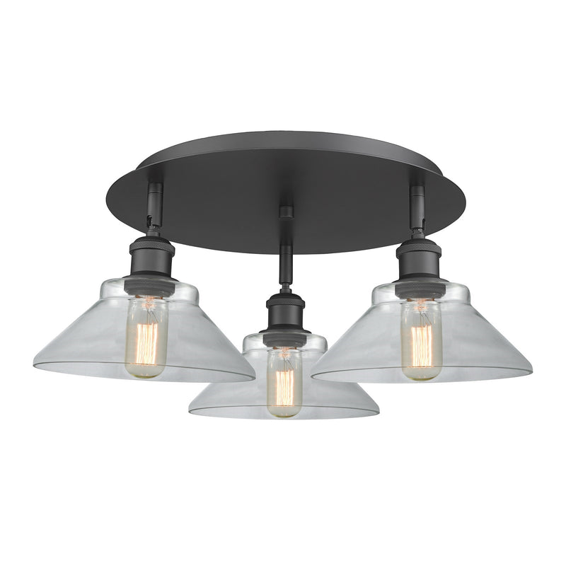 Innovations Orwell 20in 3-Light Semi-Flush | Industrial Matte Black and Clear Glass | Kitchen & Hallway | 20.12 x 20.12 x 8 in | Model 516-3C-BK-G132