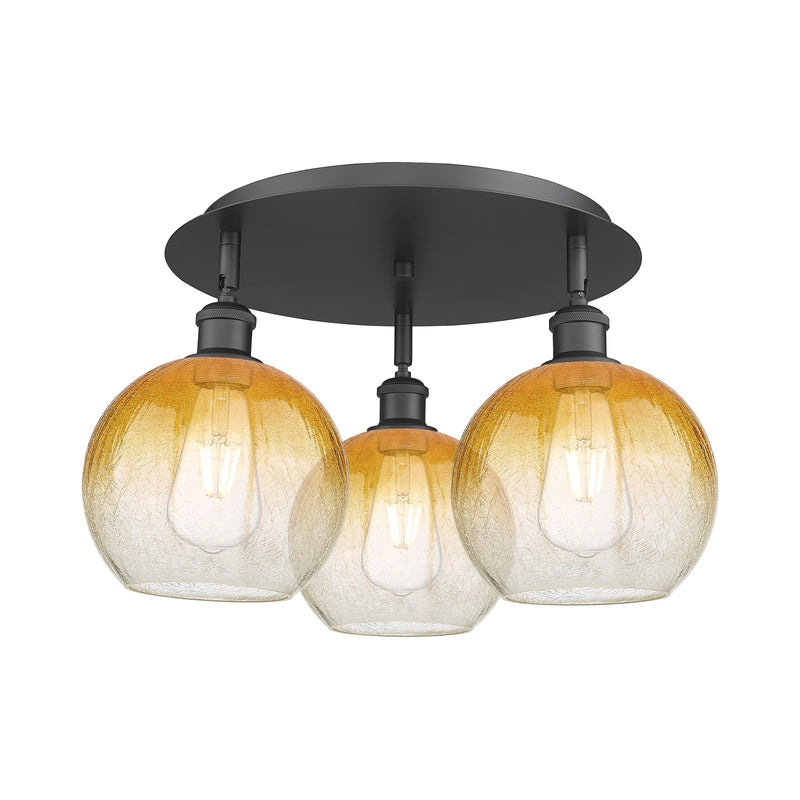 Innovations Brookhaven Globe 20in 3-Light Semi-Flush | Industrial Matte Black and Amber Glass | Kitchen & Hallway | Model 516-3C-BK-G483-8AM