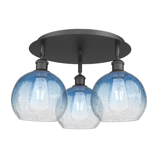 Innovations Brookhaven Globe 20in 3-Light Semi-Flush | Industrial Matte Black and Sapphire Blue Glass | Kitchen & Hallway | Model 516-3C-BK-G483-8SB