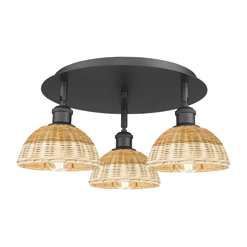 Innovations Bristol Natural II 19in 3-Light Semi-Flush | Industrial Matte Black and Natural Fiber | Kitchen & Hallway | Model 516-3C-BK-NBD2-75-NAT