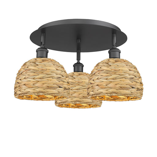 Innovations Woven Rattan 19in 3-Light Semi-Flush | Industrial Matte Black and Natural Fiber Dome Shade | Entryway | Model 516-3C-BK-RBD-8-NAT