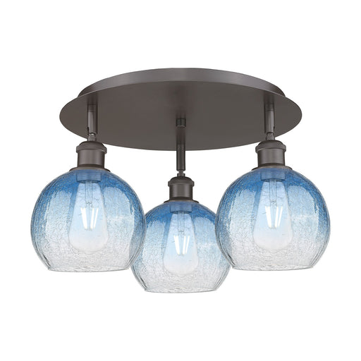 Innovations Brookhaven Globe 20in 3-Light Semi-Flush | Industrial Oil Rubbed Bronze and Sapphire Blue Glass | Kitchen | Model 516-3C-OB-G483-8SB