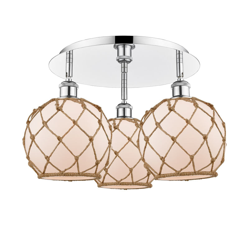 Innovations Farmhouse Rope 20in 3-Light Semi-Flush | Industrial Polished Chrome and White Glass Brown Rope | Kitchen | Model 516-3C-PC-G121-8RB