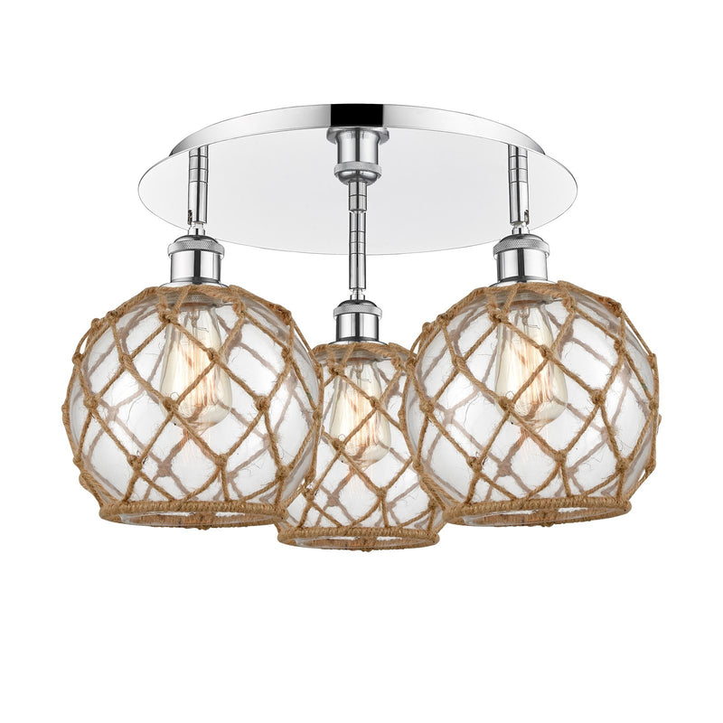 Innovations Farmhouse Rope 20in 3-Light Semi-Flush | Industrial Polished Chrome and Clear Glass Brown Rope | Kitchen | Model 516-3C-PC-G122-8RB