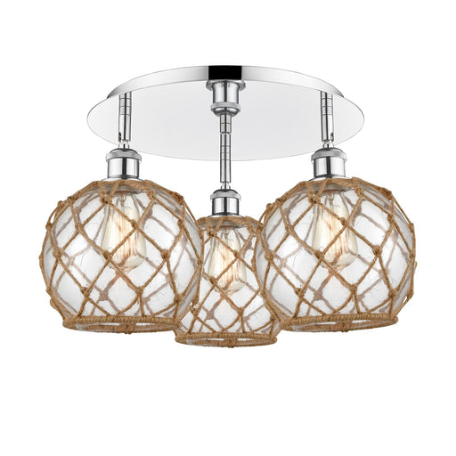 Innovations Farmhouse Rope 20in 3-Light Semi-Flush | Industrial Polished Chrome and Clear Glass Brown Rope | Kitchen | Model 516-3C-PC-G122-8RB