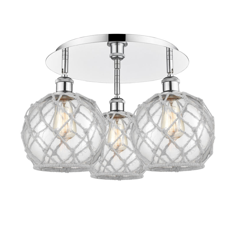 Innovations Farmhouse Rope 20in 3-Light Semi-Flush | Industrial Polished Chrome and Clear Glass White Rope | Kitchen | Model 516-3C-PC-G122-8RW