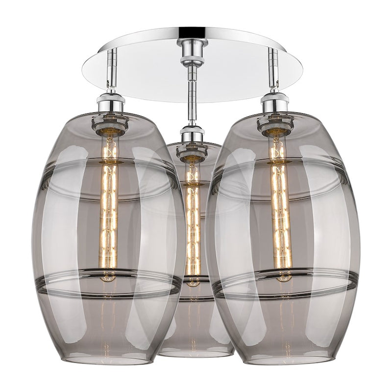 Innovations Vaz 22in 3-Light Flush Mount | Industrial Modern Polished Chrome and Light Smoke Glass | Bedroom & Hallway | Model 516-3C-PC-G557-10SM