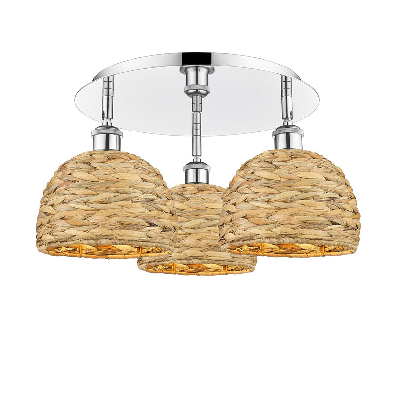 Innovations Woven Rattan 19in 3-Light Semi-Flush | Industrial Polished Chrome and Natural Fiber Dome Shade | Kitchen | Model 516-3C-PC-RBD-8-NAT