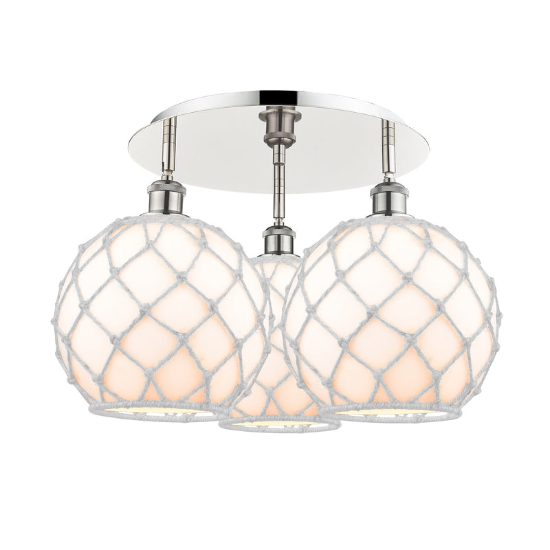 Innovations Farmhouse Rope 22in 3-Light Semi-Flush | Industrial Polished Nickel and White Glass with Rope | Kitchen | Model 516-3C-PN-G121-10RW
