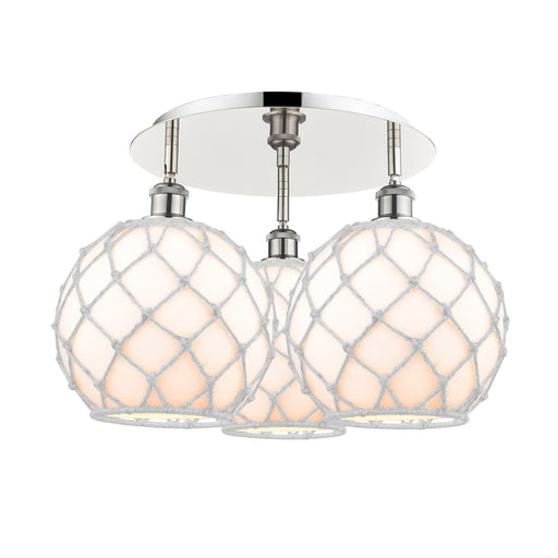 Innovations Farmhouse Rope 22in 3-Light Semi-Flush | Industrial Polished Nickel and White Glass with Rope | Kitchen | Model 516-3C-PN-G121-10RW