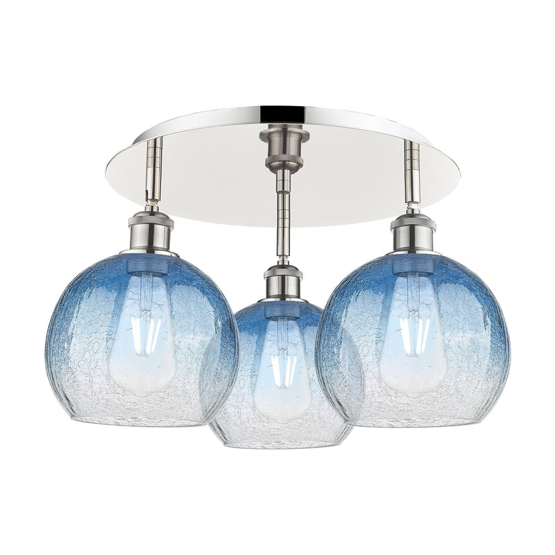 Innovations Brookhaven Globe 20in 3-Light Semi-Flush Mount | Industrial Polished Nickel and Sapphire Blue Glass | Kitchen | Model 516-3C-PN-G483-8SB