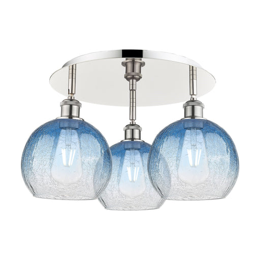 Innovations Brookhaven Globe 20in 3-Light Semi-Flush Mount | Industrial Polished Nickel and Sapphire Blue Glass | Kitchen | Model 516-3C-PN-G483-8SB