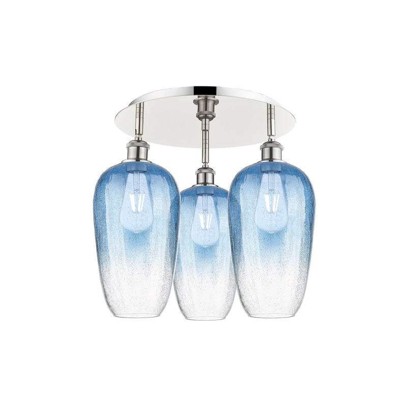 Innovations Brookhaven Flute 19in 3-Light Semi-Flush Mount | Industrial Polished Nickel and Sapphire Blue Glass | Kitchen | Model 516-3C-PN-G484-7SB