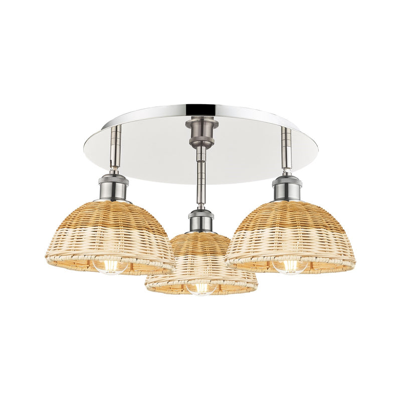 Innovations Bristol Natural II 19in 3-Light Semi-Flush | Polished Nickel and Natural Fiber Dome | Kitchen & Dining Room | Model 516-3C-PN-NBD2-75-NAT