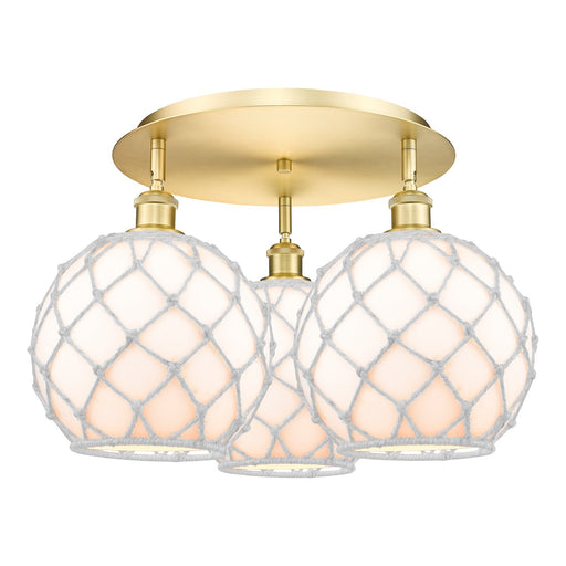 Innovations Farmhouse Rope 22in 3-Light Semi-Flush | Industrial Satin Gold and White Glass White Rope | Kitchen & Hallway | Model 516-3C-SG-G121-10RW