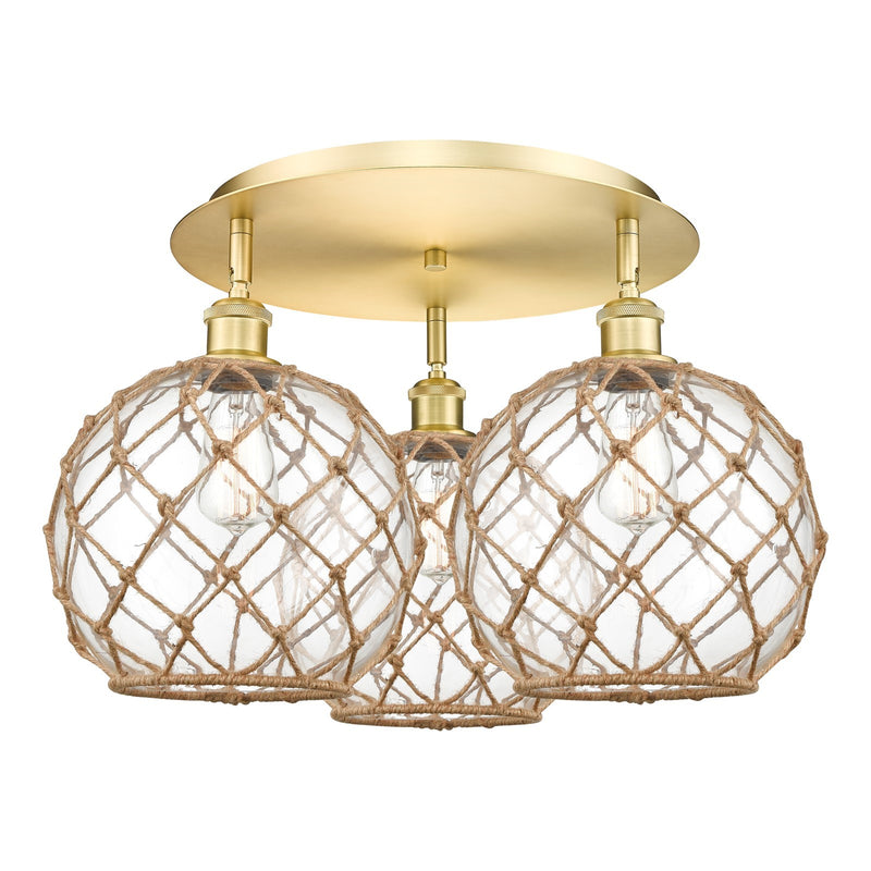 Innovations Farmhouse Rope 22in 3-Light Semi-Flush | Industrial Satin Gold and Clear Glass | Kitchen & Hallway | Model 516-3C-SG-G122-10RB