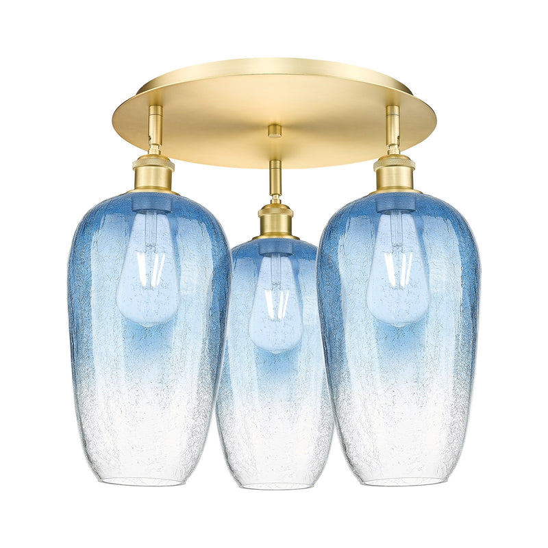 Innovations Brookhaven Flute 19in 3-Light Semi-Flush | Industrial Satin Gold and Sapphire Blue Glass | Kitchen & Dining | Model 516-3C-SG-G484-7SB