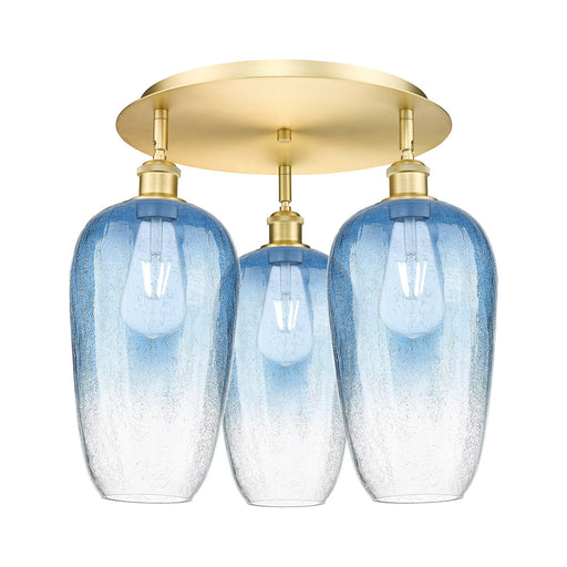 Innovations Brookhaven Flute 19in 3-Light Semi-Flush | Industrial Satin Gold and Sapphire Blue Glass | Kitchen & Dining | Model 516-3C-SG-G484-7SB