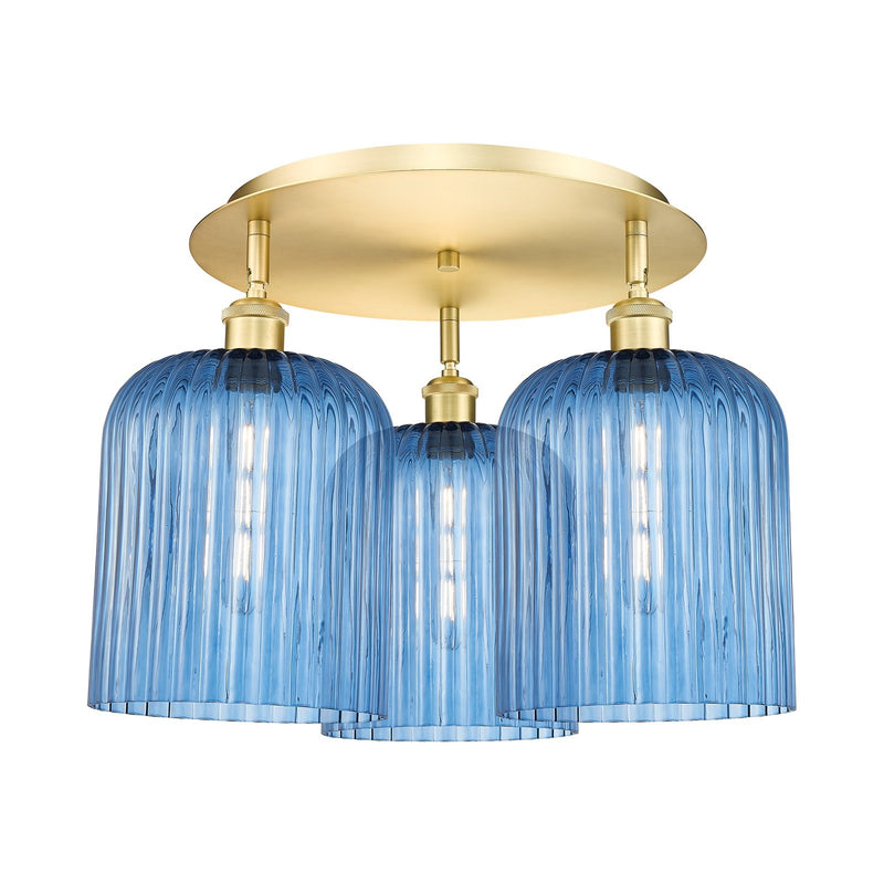 Innovations Bridal Veil 17in 3-Light Semi-Flush | Art Nouveau Satin Gold and Princess Blue Glass | Bedroom & Hallway | Model 516-3C-SG-G559-8BL