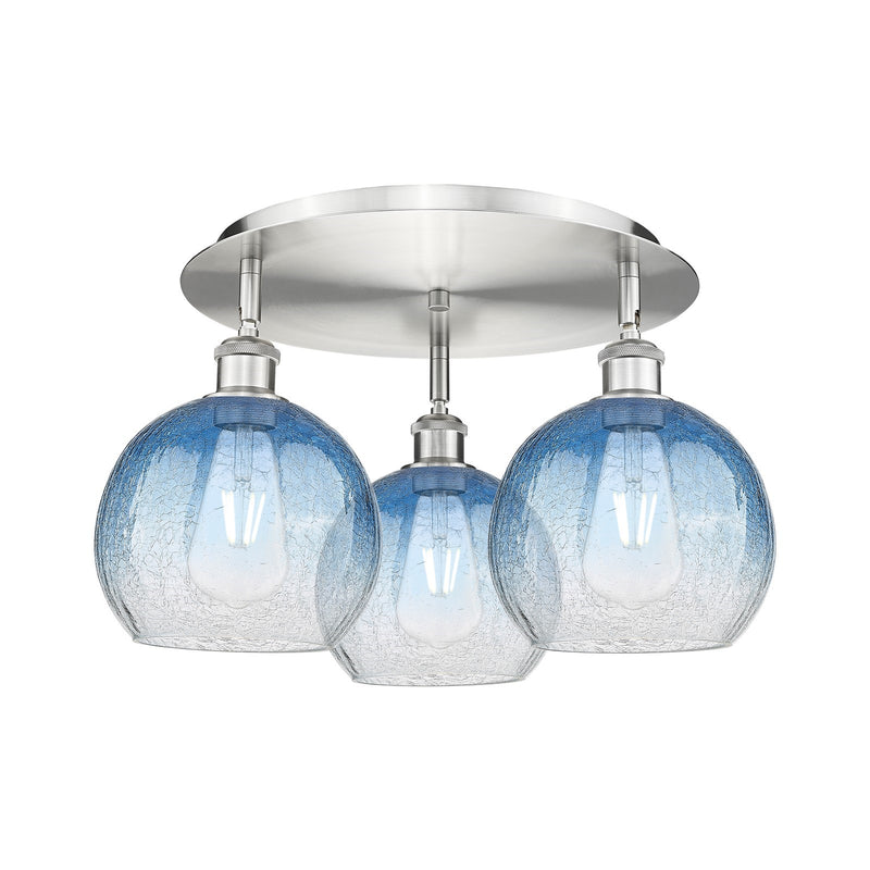 Innovations Brookhaven Globe 20in 3-Light Semi-Flush | Industrial Satin Nickel and Sapphire Blue Glass | Kitchen & Dining | Model 516-3C-SN-G483-8SB