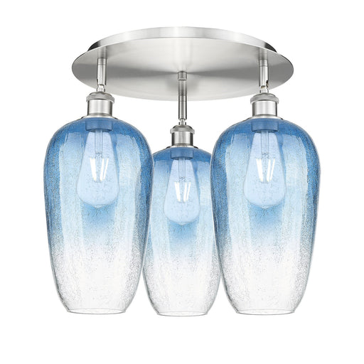 Innovations Brookhaven Flute 19in 3-Light Semi-Flush | Industrial Satin Nickel and Sapphire Blue Glass | Bedroom & Hallway | Model 516-3C-SN-G484-7SB