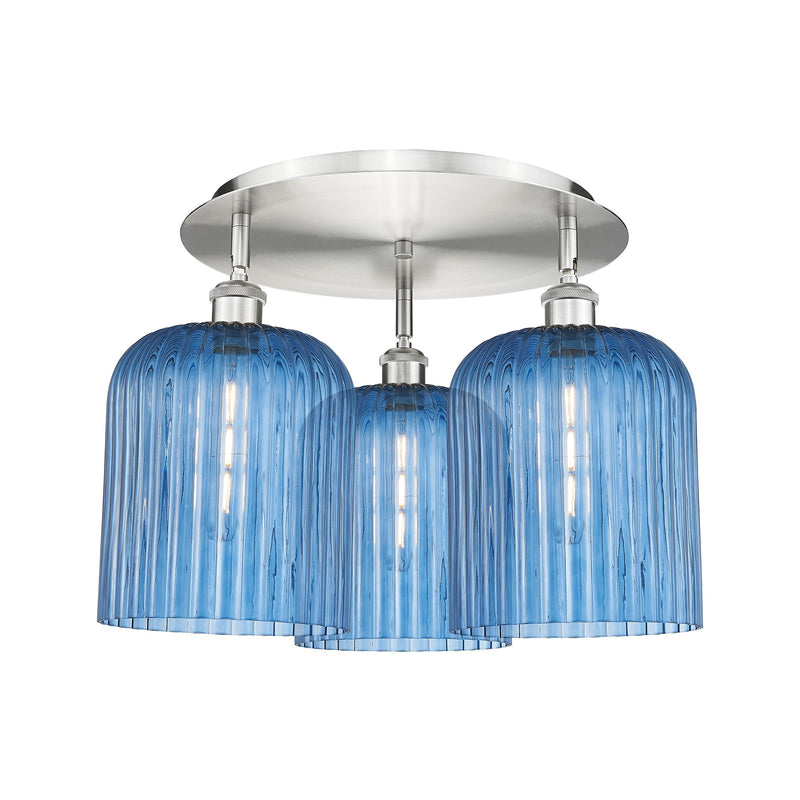 Innovations Bridal Veil 17in 3-Light Semi-Flush | Art Nouveau Satin Nickel and Princess Blue Glass | Bedroom & Dining Room | Model 516-3C-SN-G559-8BL