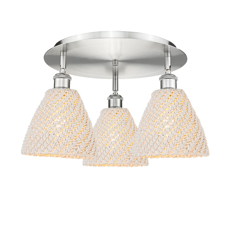 Innovations Bristol Natural 19in 3-Light Semi-Flush | Farmhouse Brushed Satin Nickel and Natural Fiber | Kitchen | Model 516-3C-SN-NBD-75-NAT