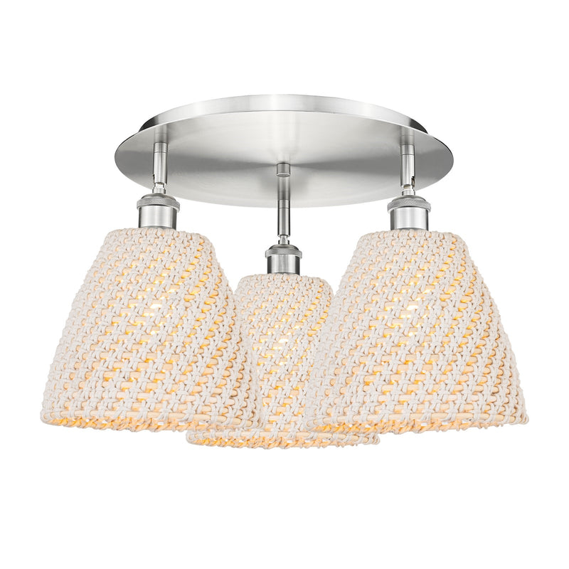 Innovations Bristol Natural 21in 3-Light Semi-Flush | Industrial Satin Nickel and Natural Fiber | Kitchen & Hallway | Model 516-3C-SN-NBD-9-NAT