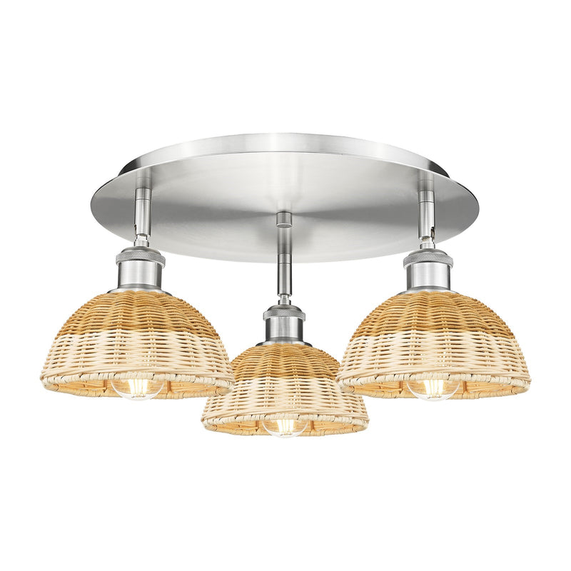 Innovations Bristol Natural II 19in 3-Light Semi-Flush | Industrial Satin Nickel and Natural Fiber | Kitchen & Hallway | Model 516-3C-SN-NBD2-75-NAT