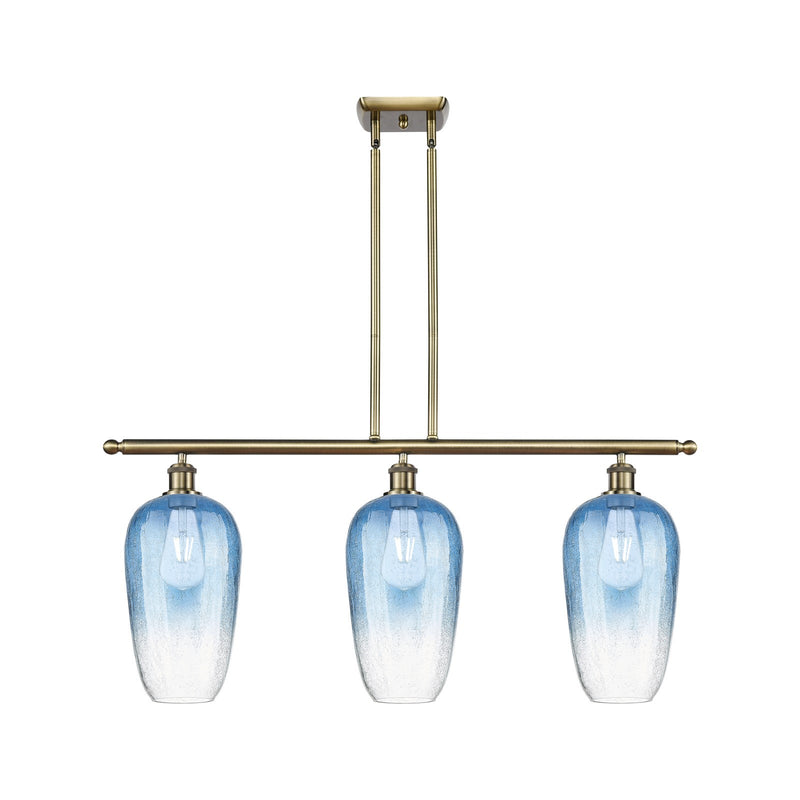 Innovations Brookhaven Flute 36in 3-Light Island Light | Industrial Antique Brass and Sapphire Blue Glass | Kitchen Island | Model 516-3I-AB-G484-7SB