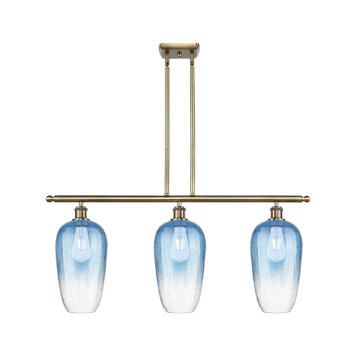 Innovations Brookhaven Flute 36in 3-Light Island Light | Industrial Antique Brass and Sapphire Blue Glass | Kitchen Island | Model 516-3I-AB-G484-7SB