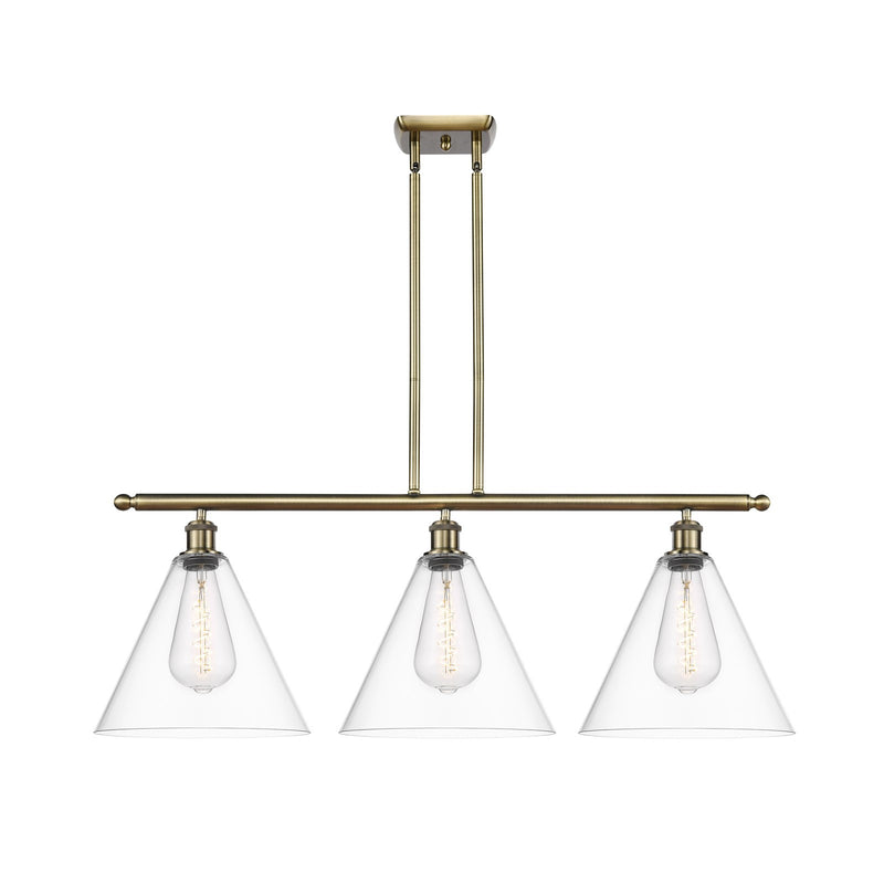 Innovations Berkshire Glass 38in 3-Light LED Island | Industrial Antique Brass and Clear Glass | Kitchen Island | Model 516-3I-AB-GBC-122-LED