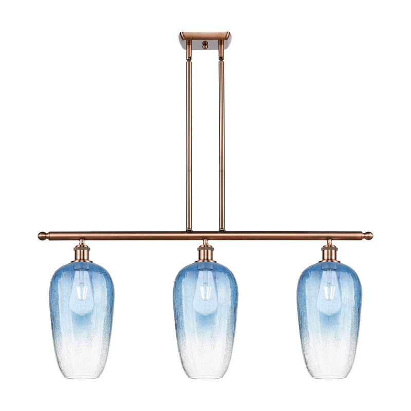 Innovations Brookhaven Flute 36in 3-Light Island Light | Industrial Antique Copper and Sapphire Blue Glass | Kitchen | Model 516-3I-AC-G484-7SB