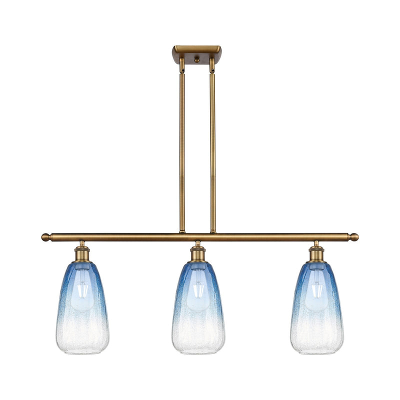 Innovations Brookhaven Almond 36in 3-Light Island Light | Industrial Brushed Brass and Sapphire Blue Glass | Kitchen | Model 516-3I-BB-G480-6SB