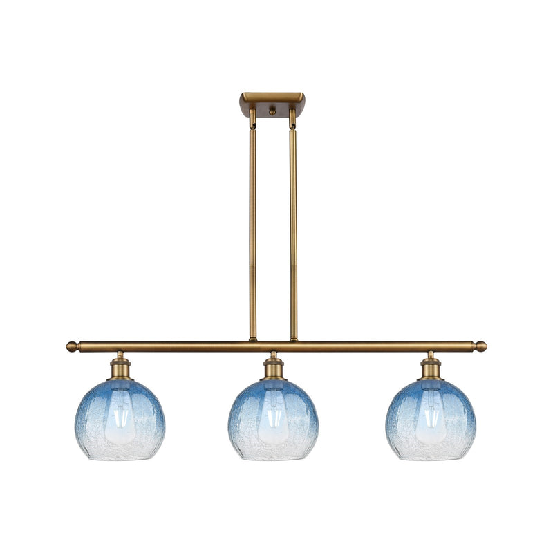 Innovations Brookhaven Globe 36in 3-Light Island Light | Industrial Brushed Brass and Sapphire Blue Glass | Kitchen Island | Model 516-3I-BB-G483-8SB